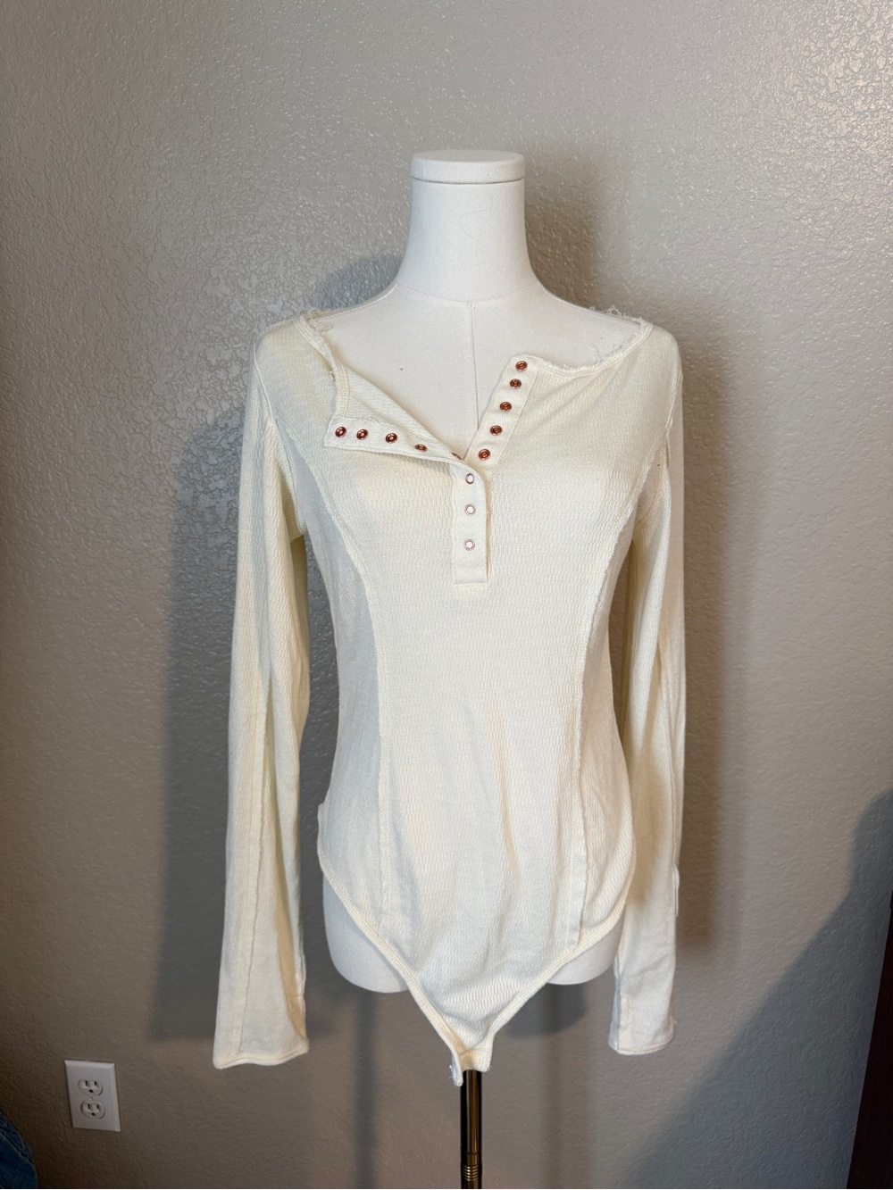 Free People Womens Cream Long-Sleeve Henley Bodysuit